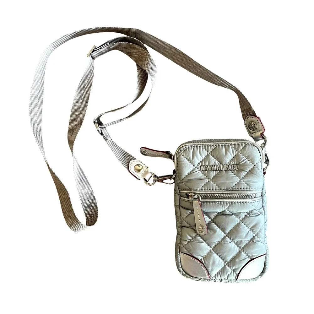 MZ WALLACE Micro Crosby Women's Silver Quilted Crossbody Bag Top Zip Nylon Strap - Picture 2 of 8